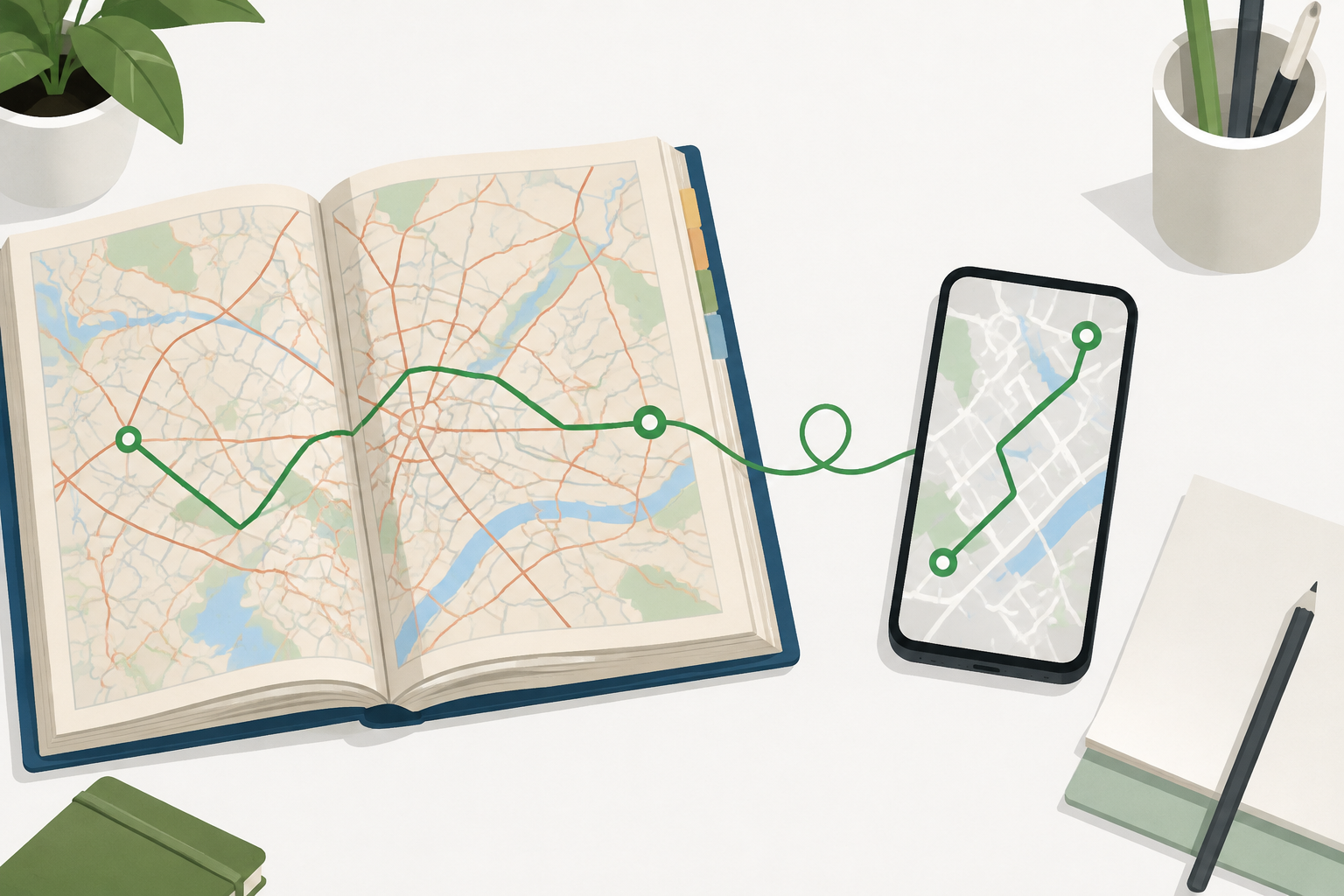 Paper road atlas beside a modern phone with abstract route lines