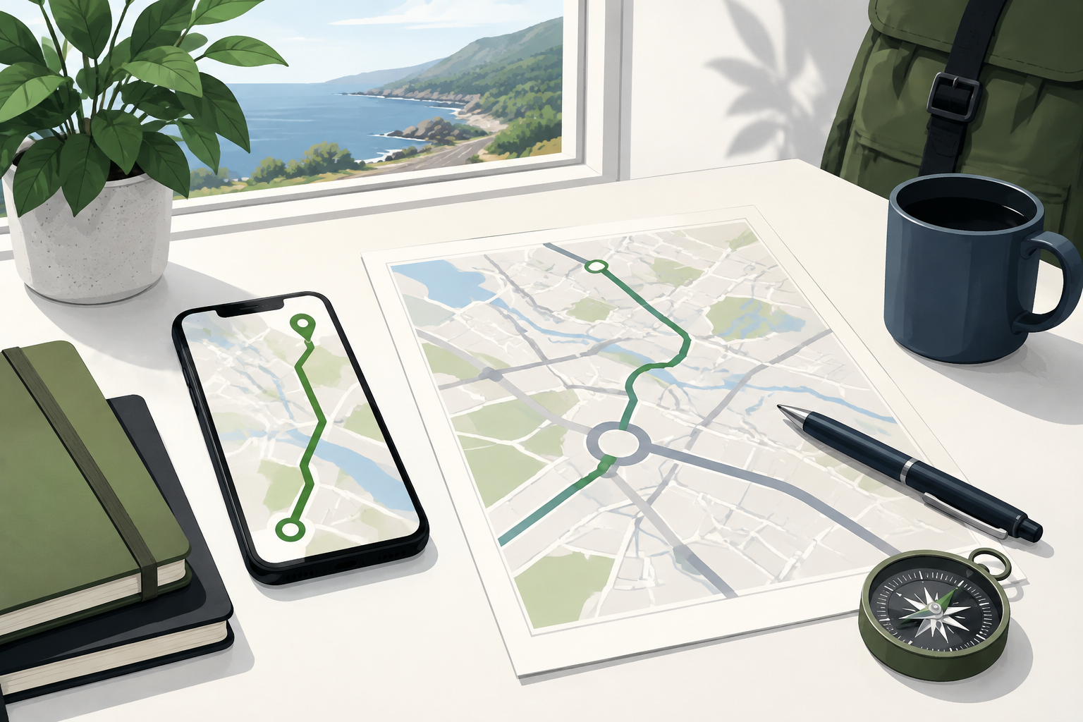 Phone and printed route plan on a desk beside a compass