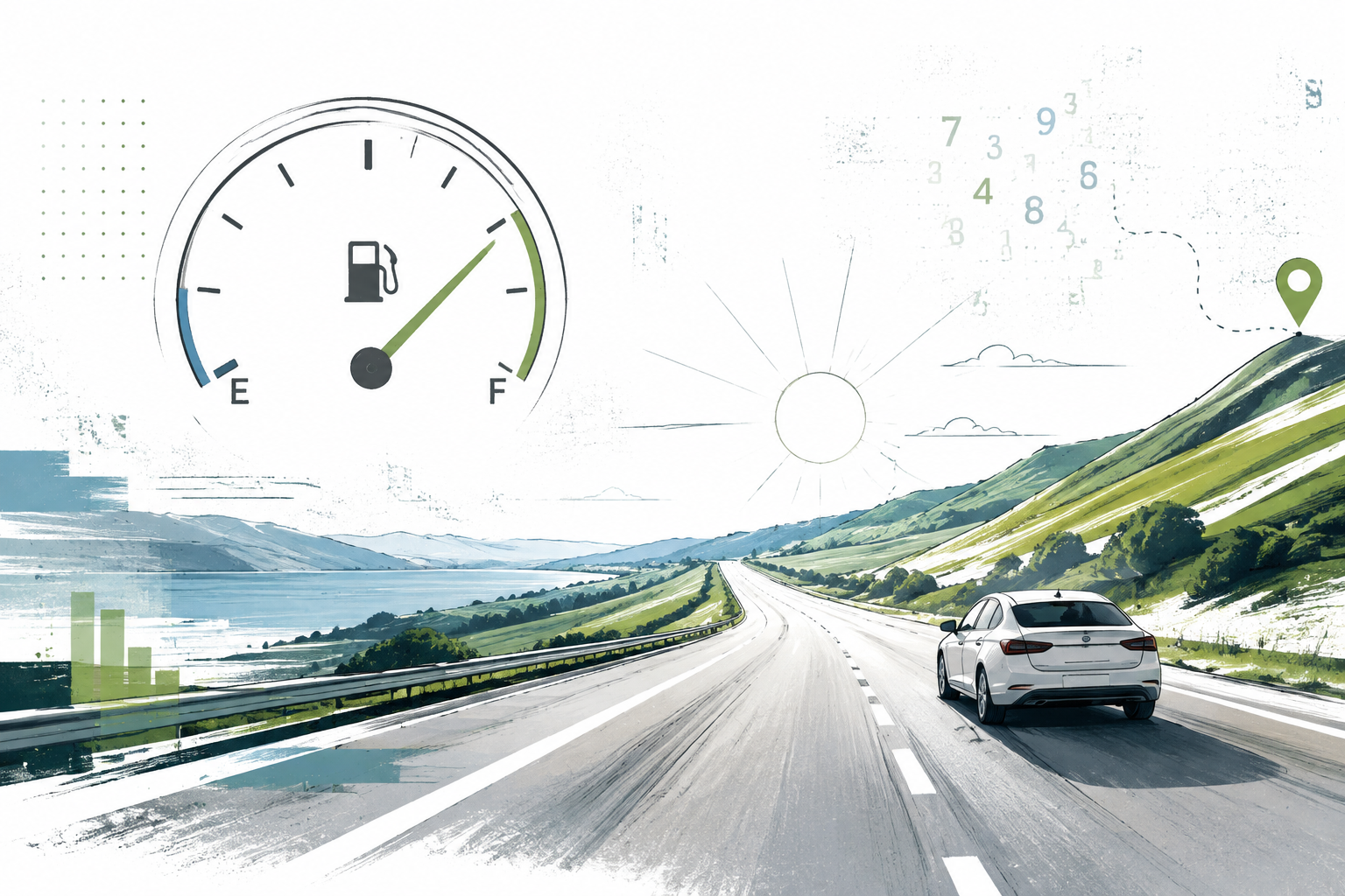 Illustrated highway with a fuel gauge and route marker