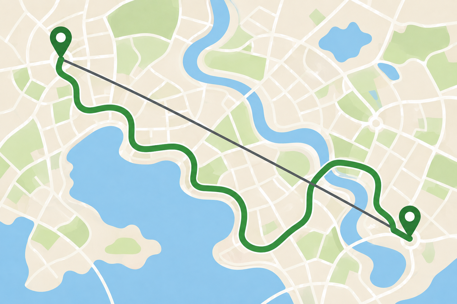 Abstract map comparing a winding green route with a direct line between pins