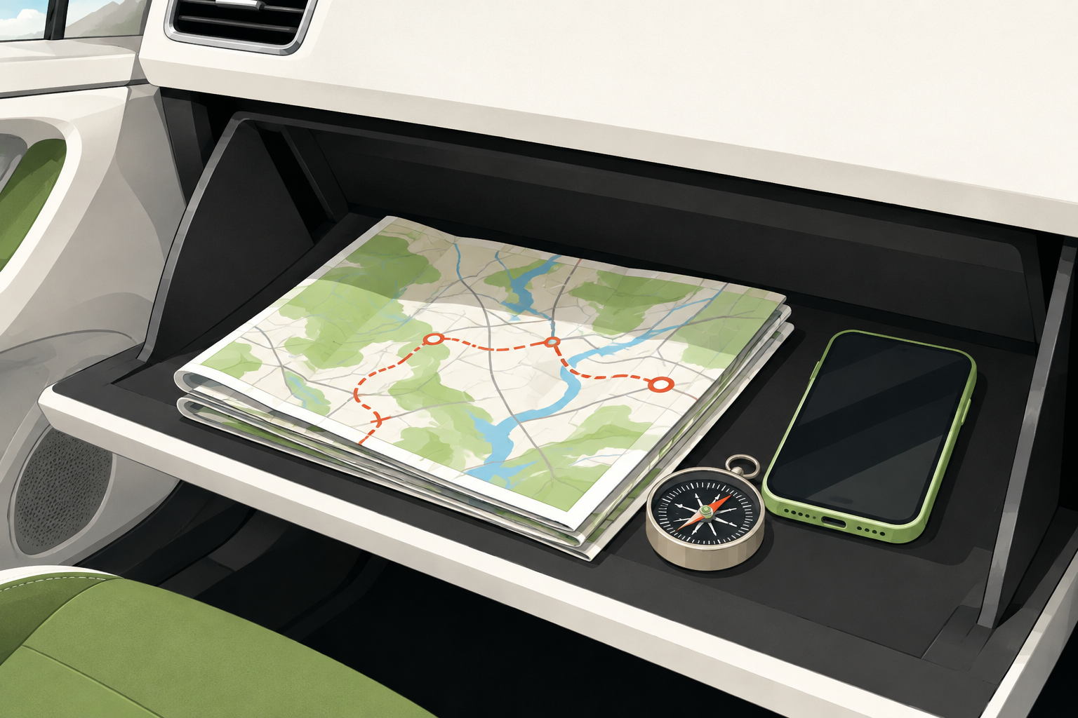 Folded paper map stored in a car glove compartment beside a compass