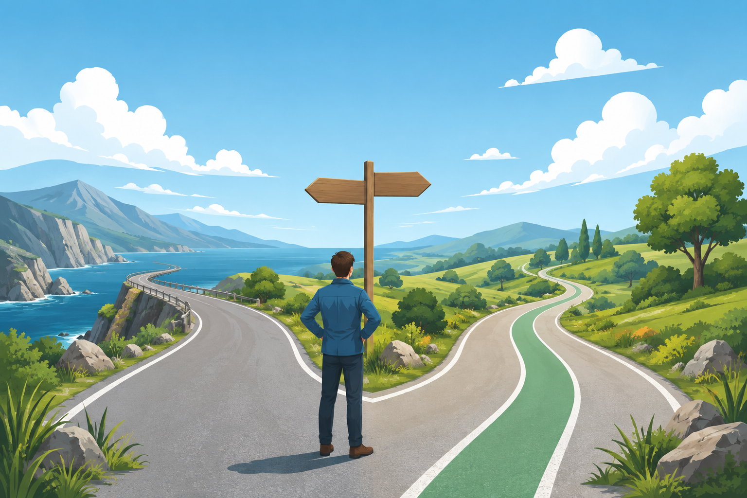 Illustrated driver choosing between two scenic route options