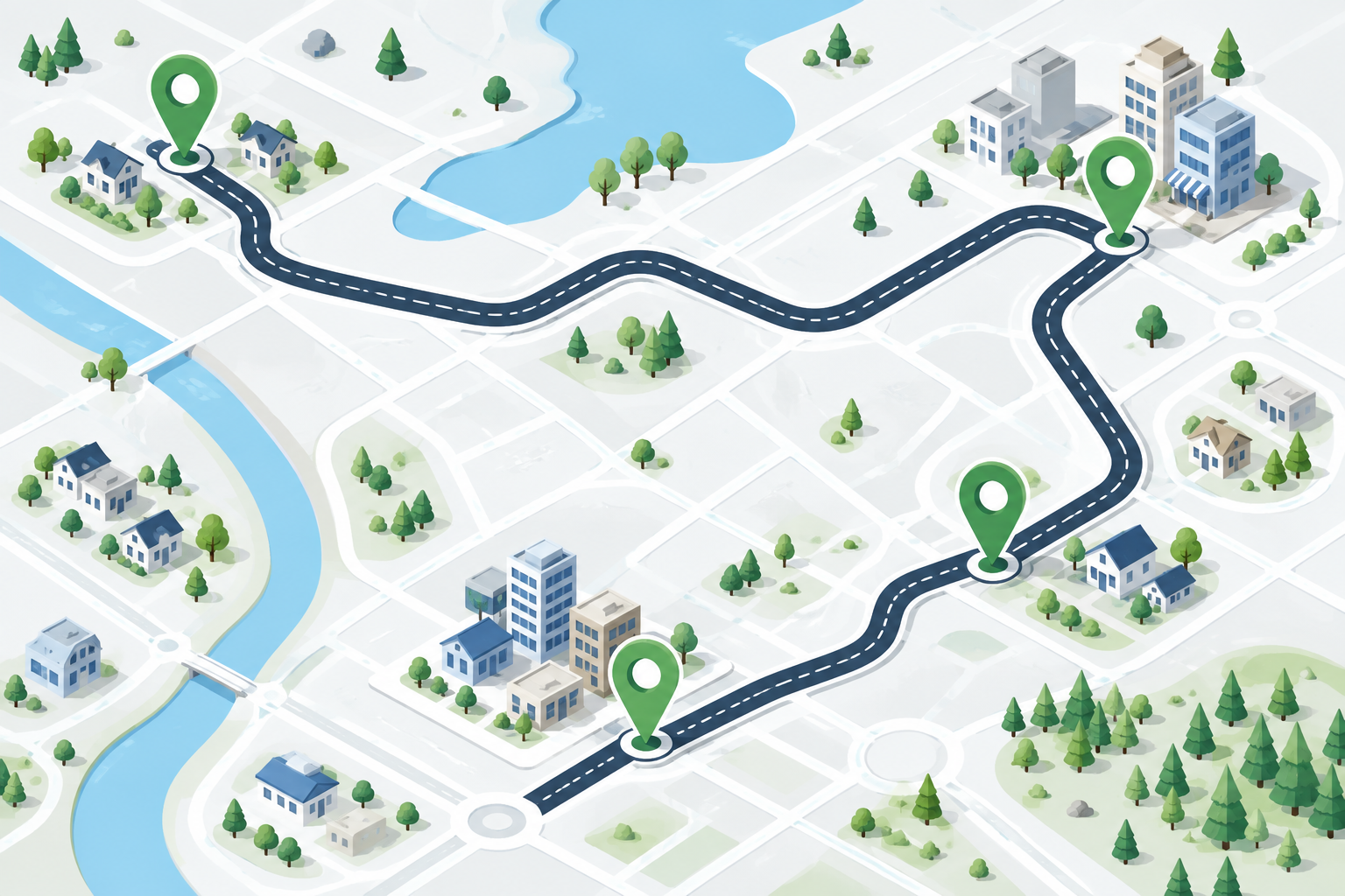 Illustrated route connecting four separate stops across a town