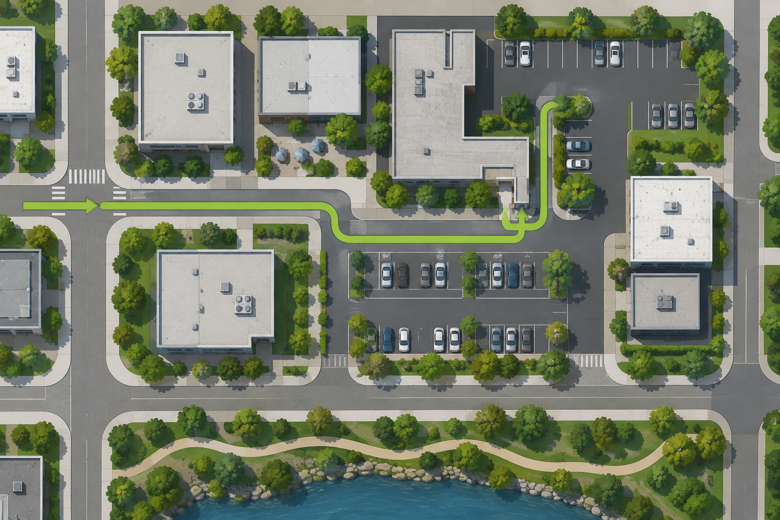 Top-down illustration of a city block with parking and a green access road