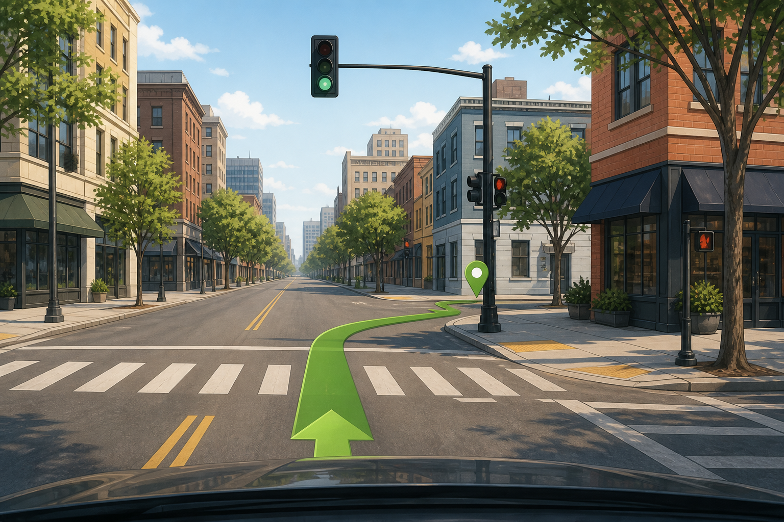 Illustrated city intersection with crosswalks and a green route marker