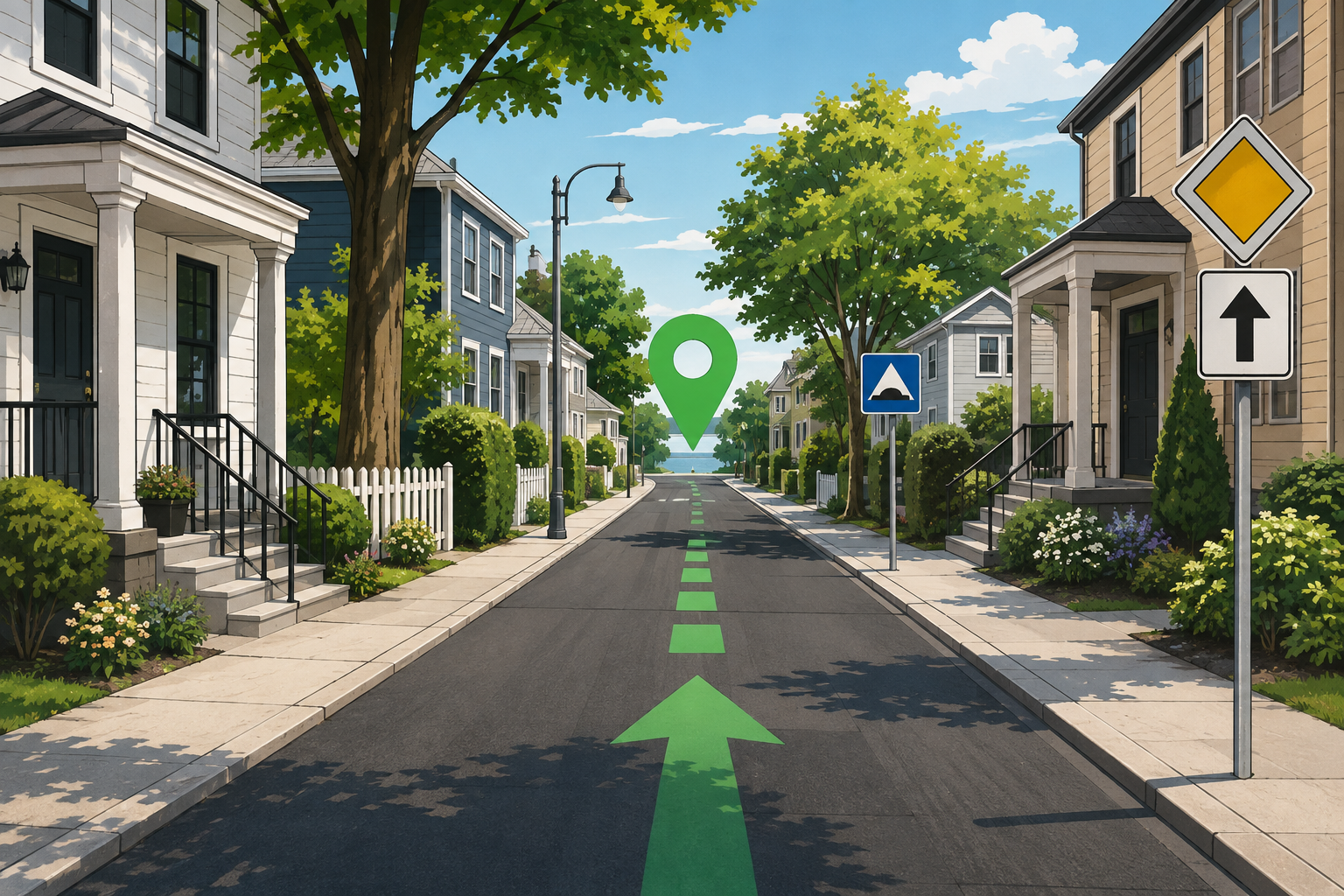 Street-level illustration of a residential road with a green route marker