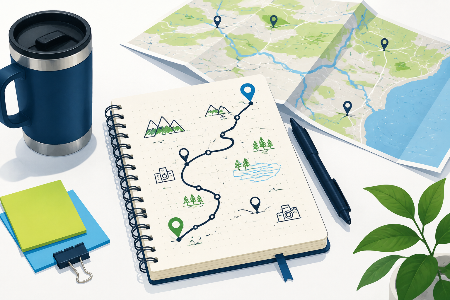 Road-trip notebook with an abstract itinerary beside a folded map