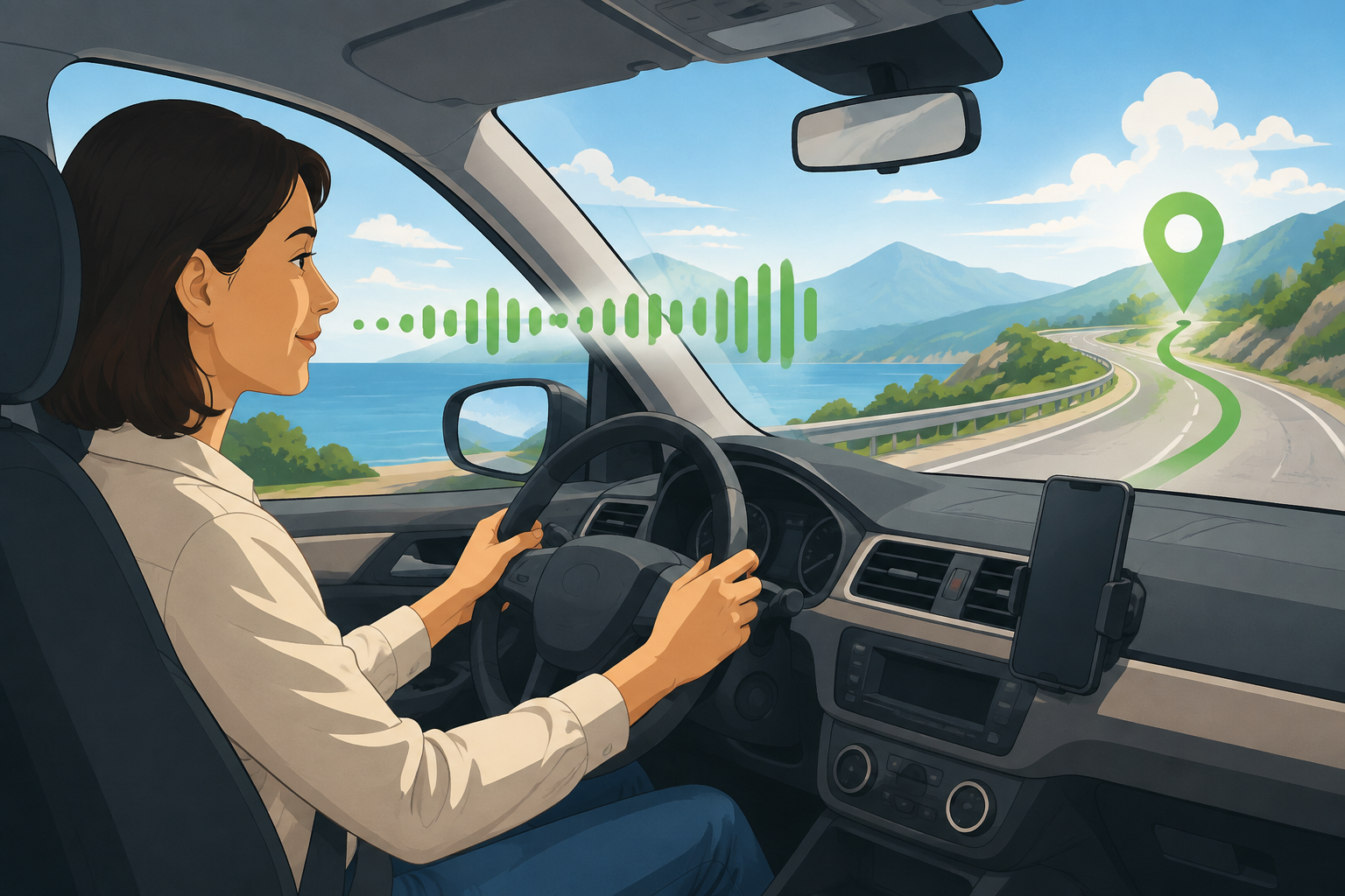 Driver with both hands on the wheel and green voice guidance waves