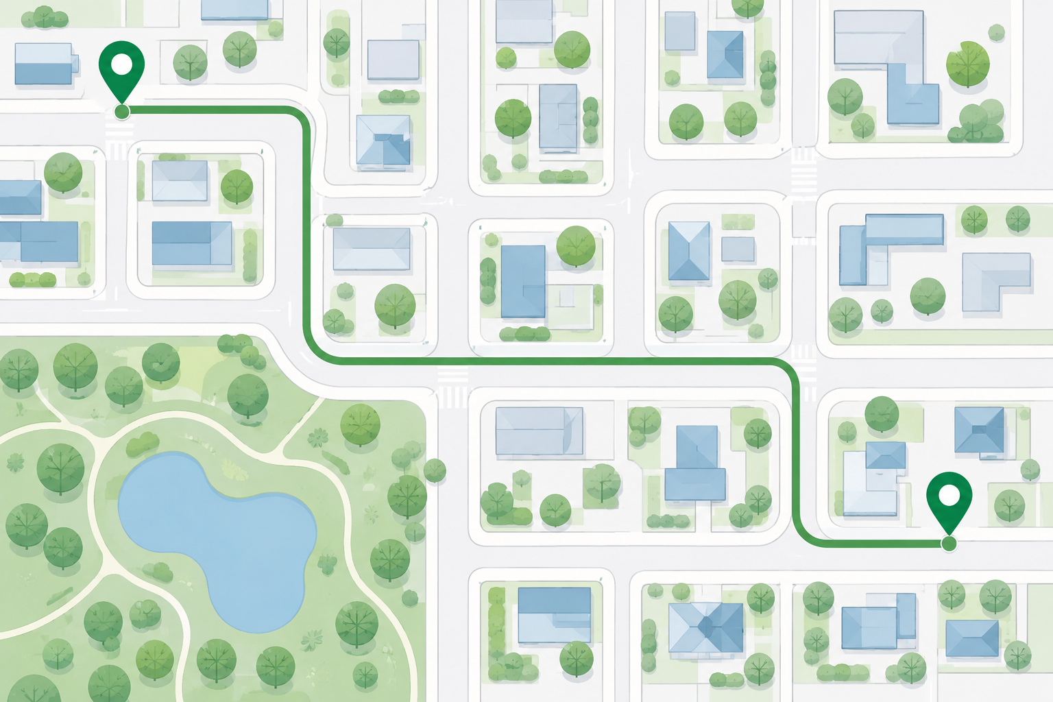 Overhead illustration of a neighborhood walking path connecting two pins