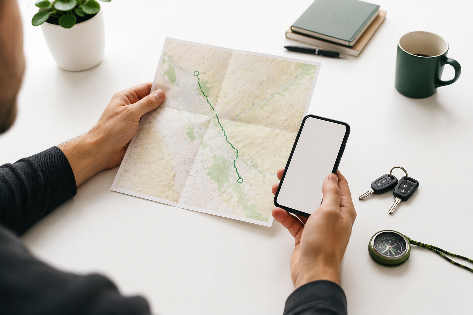 A person reviewing a printed route plan and phone beside car keys and a compass